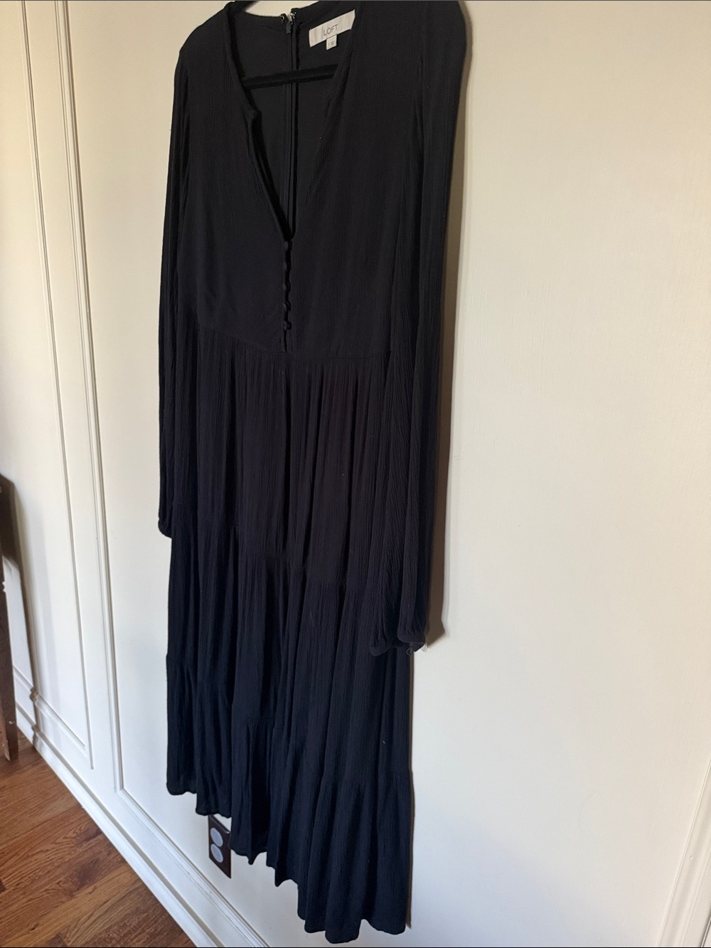 LOFT Black Long-Sleeve Tiered Maxi Dress with Button Front